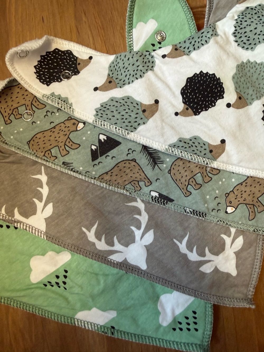 Reversible Kids Bib Set in Green, Gray and White - Forest Friends